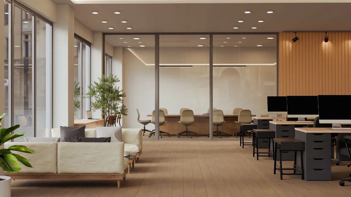 Ambiente de trabalho corporativo contemporâneo mobiliado pela Asta Mobili